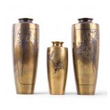 3 Japanese Bronze Vases w/ Mixed Metal Inlay