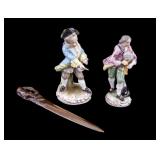 Bronze Letter Opener and 2 Porcelain Figurines
