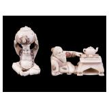 2 Japanese Netsuke Figure of Men with Tea Pot