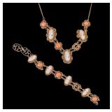 Antique Carved Coral Cameo Necklace & Bracelet
