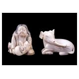 Antique Netsuke of Woman & Small Elephant