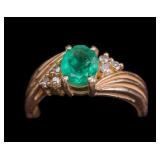 14K Gold Ring with Natural Emerald & Diamonds
