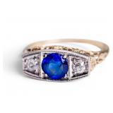 14K Gold Diamond + Blue Stone Ring (Art Deco)