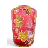 Antique Bohemian Red Glass Vase, Gold Paint