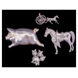4 Sterling Silver Figural Brooches Pigs + Horses