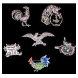 6 Sterling Silver Brooch Pins of Cats + Birds