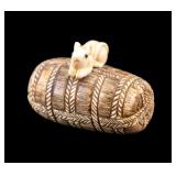 Antique Japanese Netsuke of Mouse on Barrel