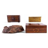 19th C Marquetry Box + Dresser Boxes, Burl Ext.