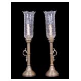Vintage Brass Candlestick Lamps, Cut Glass Shades