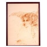 Sepia Conte Crayon Portrait Sketch, Signed