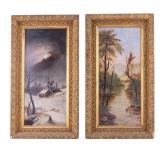 Framed Oil on Board Diptych Pair, Gilt Frames