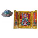 Jeweled & Slag Glass Shade & Fireplace Screen