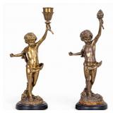 Pair of Bronze Cherub Figures, Candlestick Holder