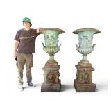 Pair Neoclassical Cast Iron Lion Head Urns ~5' H