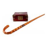 Vintage Chinese Wood & Jade Jewelry Box & Cane