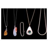 Agate, Amber, Operculum Pendants w/ Sterling Chain