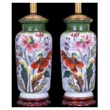 Vintage Hand Painted Opaline Glass Lamp Pair