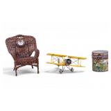 Vintage Tin, Wicker Doll Chair, Prop Plane Decor