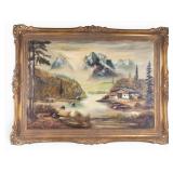 Large Signed Oil on Canvas Mountain Landscape