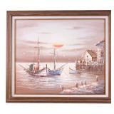 Signed Harbor Scene Oil on Canvas