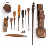 Antique Plane, Cowbell, Smudge Pot, Sharpener