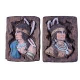 Pair of Vintage Chalkware Native American Plaques