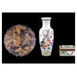 Chinese Porcelain Vase & Trinket Box, Lacquer Tray