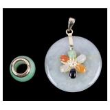 Green Hardstone and 14K Gold Pendant & Charm