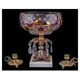 2 Peerage Brass Candleholders and Glass Compote