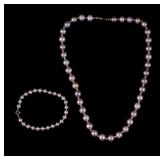 Pink & Purple Pearl Necklace & Bracelet, 14K Clasp