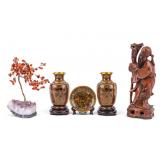 Carved Wood Shou Lao, Cloisonne, and Stone Tree