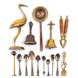 Vintage Brass Crane Statue, Bells, Spoons, More