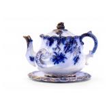 Antique Flow Blue Transferware Teapot