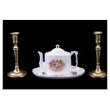 Candlesticks, Wedgwood Platter, Teapot