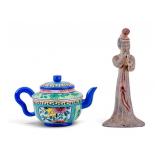 Antique Chinese Enameled Zisha Teapot & Flutist