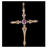 14K Gold, Diamond & Semi Precious Cross Pendant