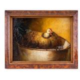 Signed Oil Painting "Hen in Bucket"