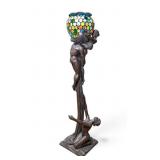 Bronze and Stained Glass Figural Floor Lamp