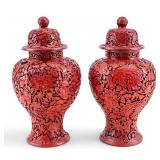 Pair, 19th C Chinese Carved Cinnabar Lidded Jars