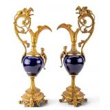 19thC French Sevres-Style Cobalt Blue/Bronze Ewers
