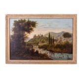Framed Oil Painting of a Creekside Village
