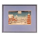 Japanese Woodblock Winter Village Scene