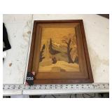 Inlaid wooden landscape scene, framed and signed