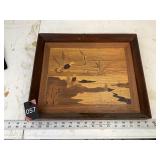 Inlaid wooden waterfowl scene framed and singed