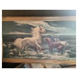 Large horse print and a town on the backn