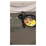 Lodge Cast Iron Pan (chipped), Ladle, And Glass