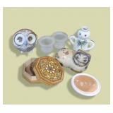 Painted Trio Wood Bowls, Stoneware Lion & Owl