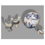 Lg Bird Planter, Turtle, Pair Bird Candle Holders