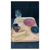 Misc Tray Lot: Pens, Dishes, Wine Glass