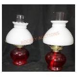 Set Of 2 Ruby Red Oil Lamps W/ Milk Glass Shade